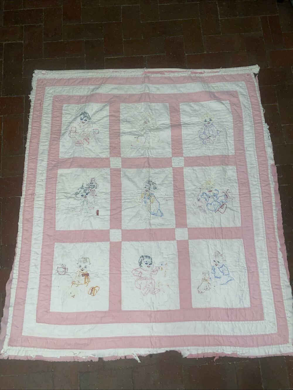 Vintage Patchwork Hand Quilted Embroidered Baby Girl Cotton Blanket Quilt 44” SQ